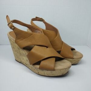 Montego Bay Club Womens size 8.5 Tan Faux Leather Cork Wedge Sandals 151879